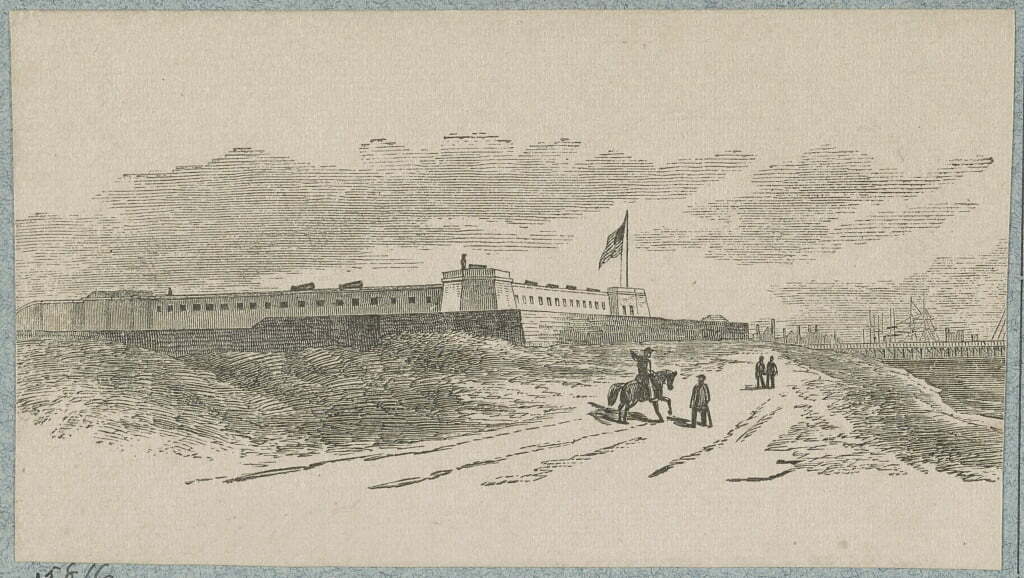 Print shows soldiers on the dirt road leading up to Fort Clinch which was occupied by Federal troops in early 1862.