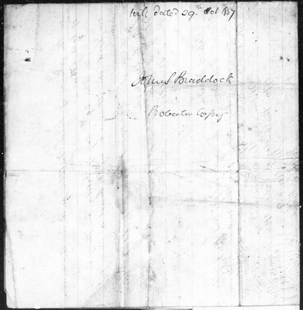 Will of John S Braddock, 1857 Page 1