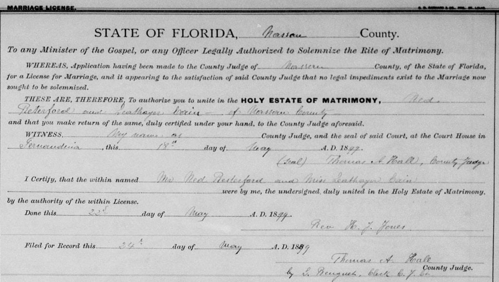 1899 Marriage Record of Ned Reterford and Leathayer Cain