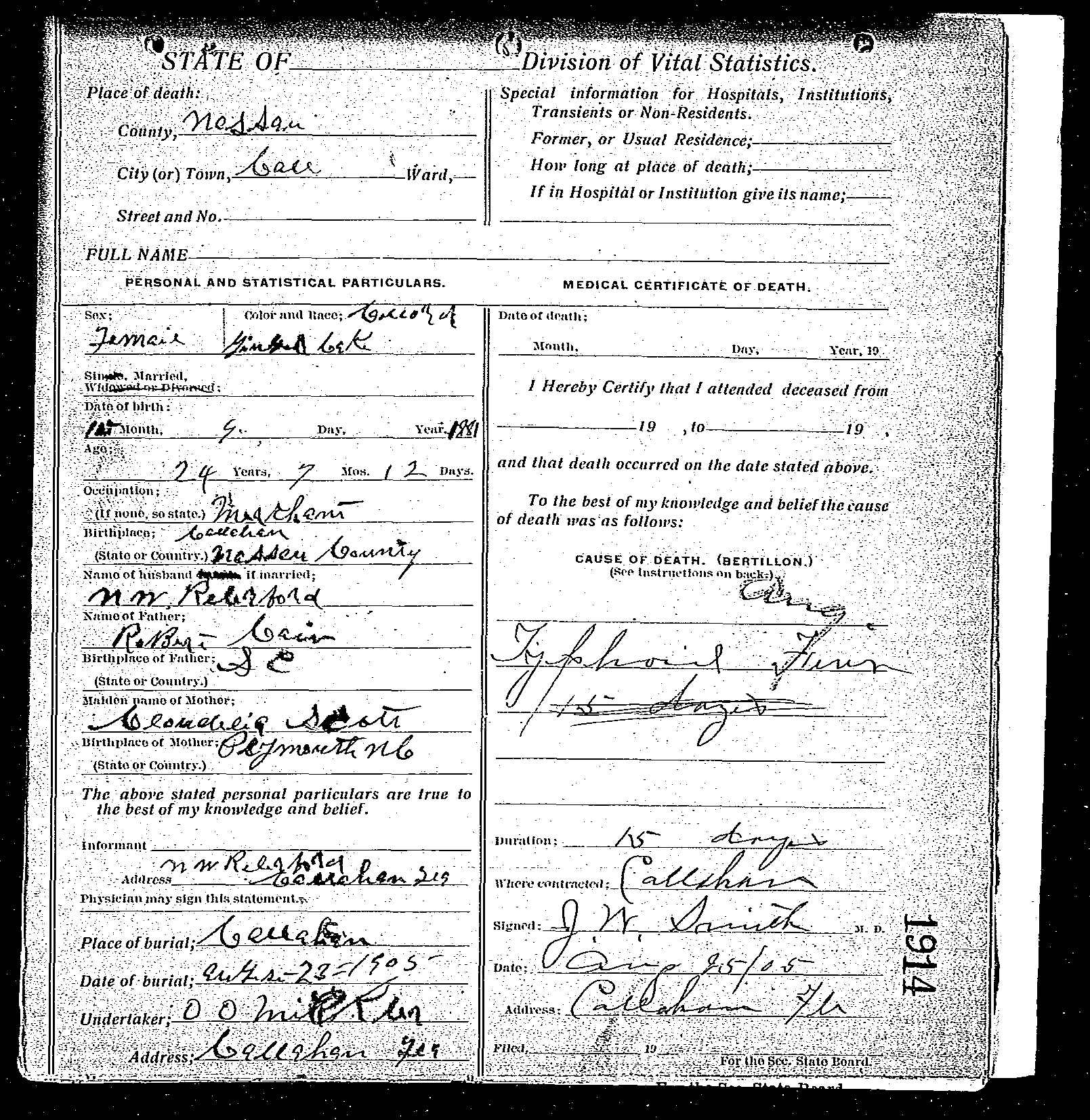 1905 Death Certificate _____ Releford