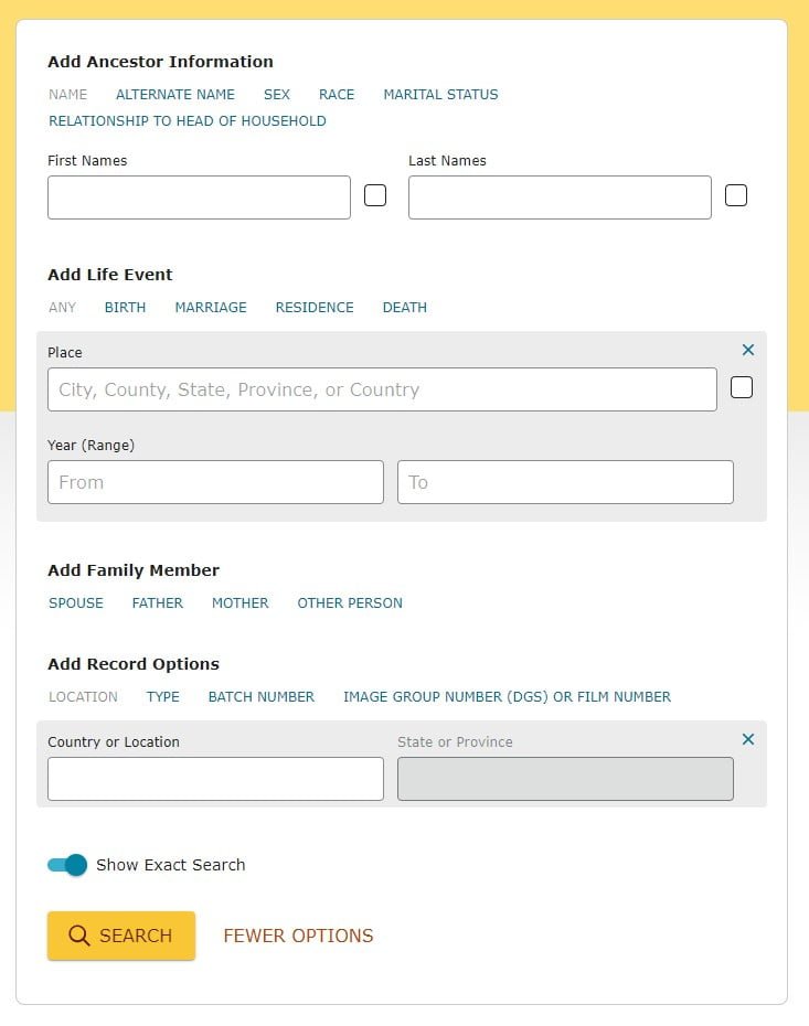 FamilySearch Search Box with more options opened