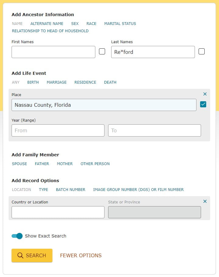 FamilySearch Search Box with more options opened and Re*ford filled out